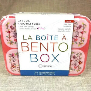 NEW 2 pk Bento Box Kinsho BPA free 34 fl oz w/utensils unicorns and bird prints